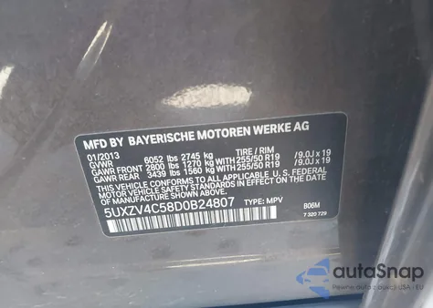 2013 BMW X5 xDrive35I/xDrive35I Premium/xDrive35I Sport Activity z USA, uszkodzony, nr VIN 5UXZV4C58D0B24807